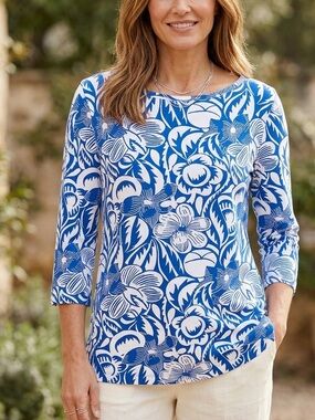 Talbots Blue and White Floral‎ Boatneck Top